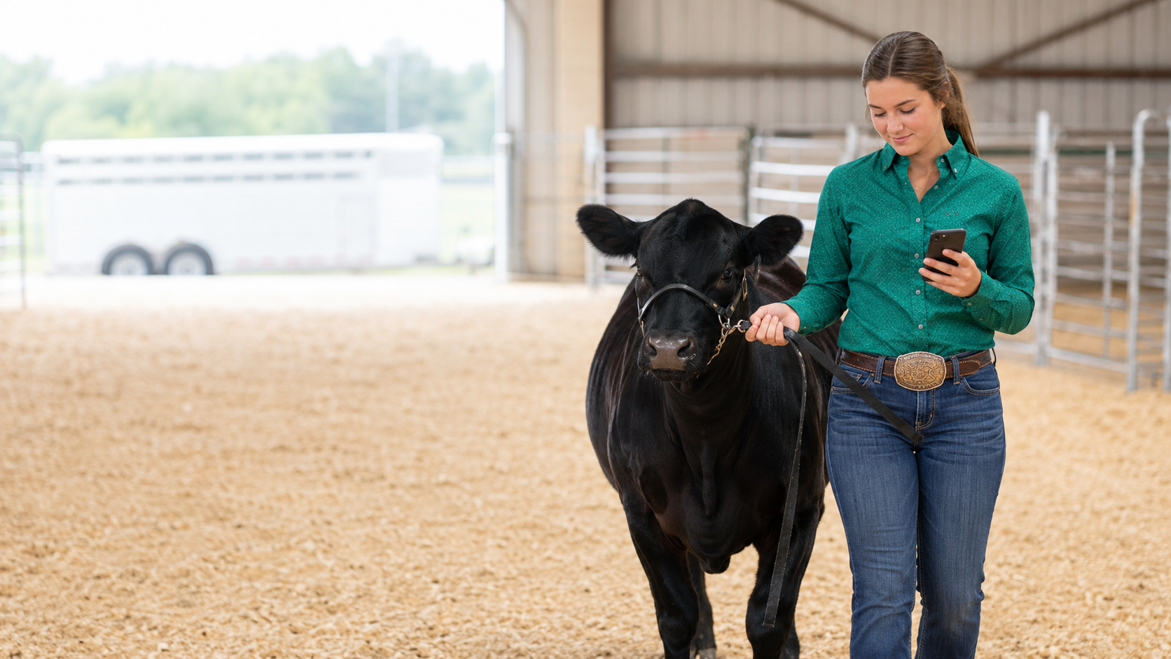 Exhibitor leading a show steer while checking her phone