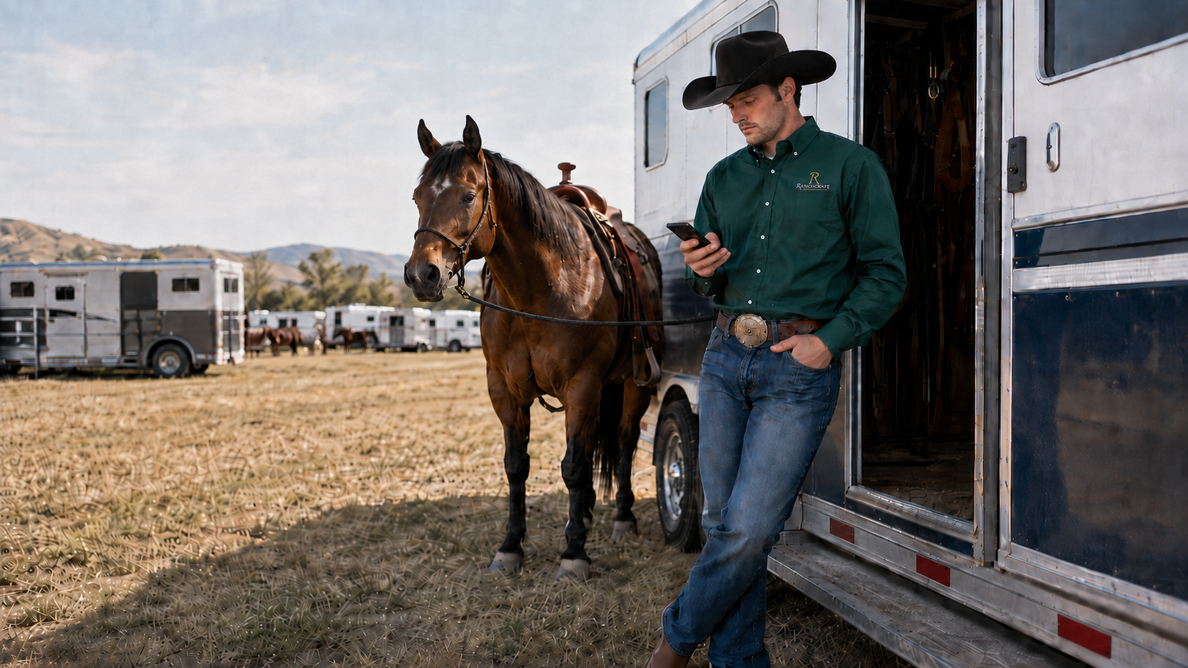 Rider checking records on his phone beside a horse and trailer