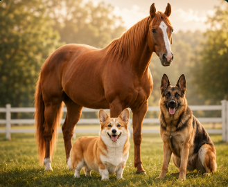 Horse, corgi, and German shepherd at the barn